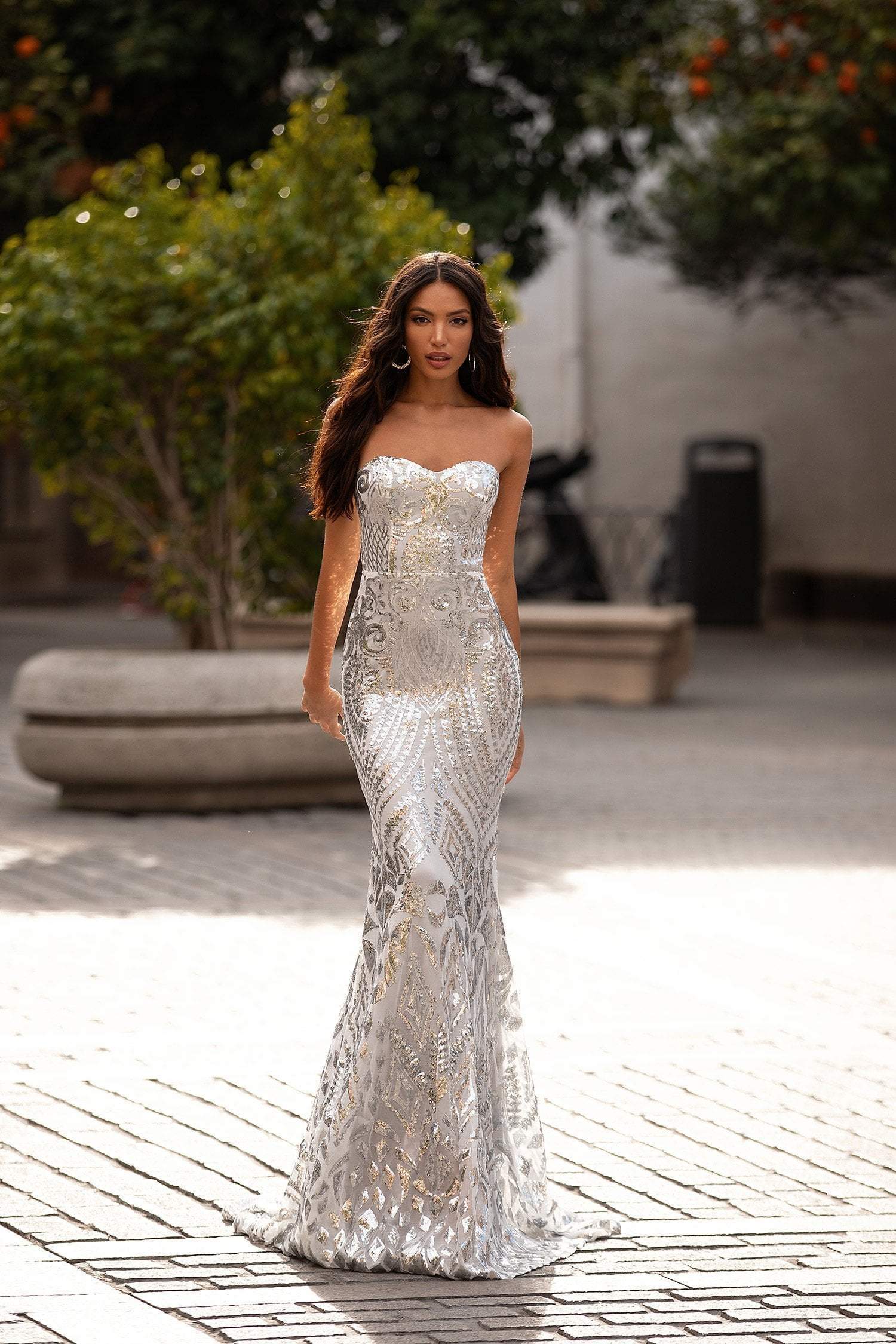 Malisa Silver Strapless Sequin Gown ...